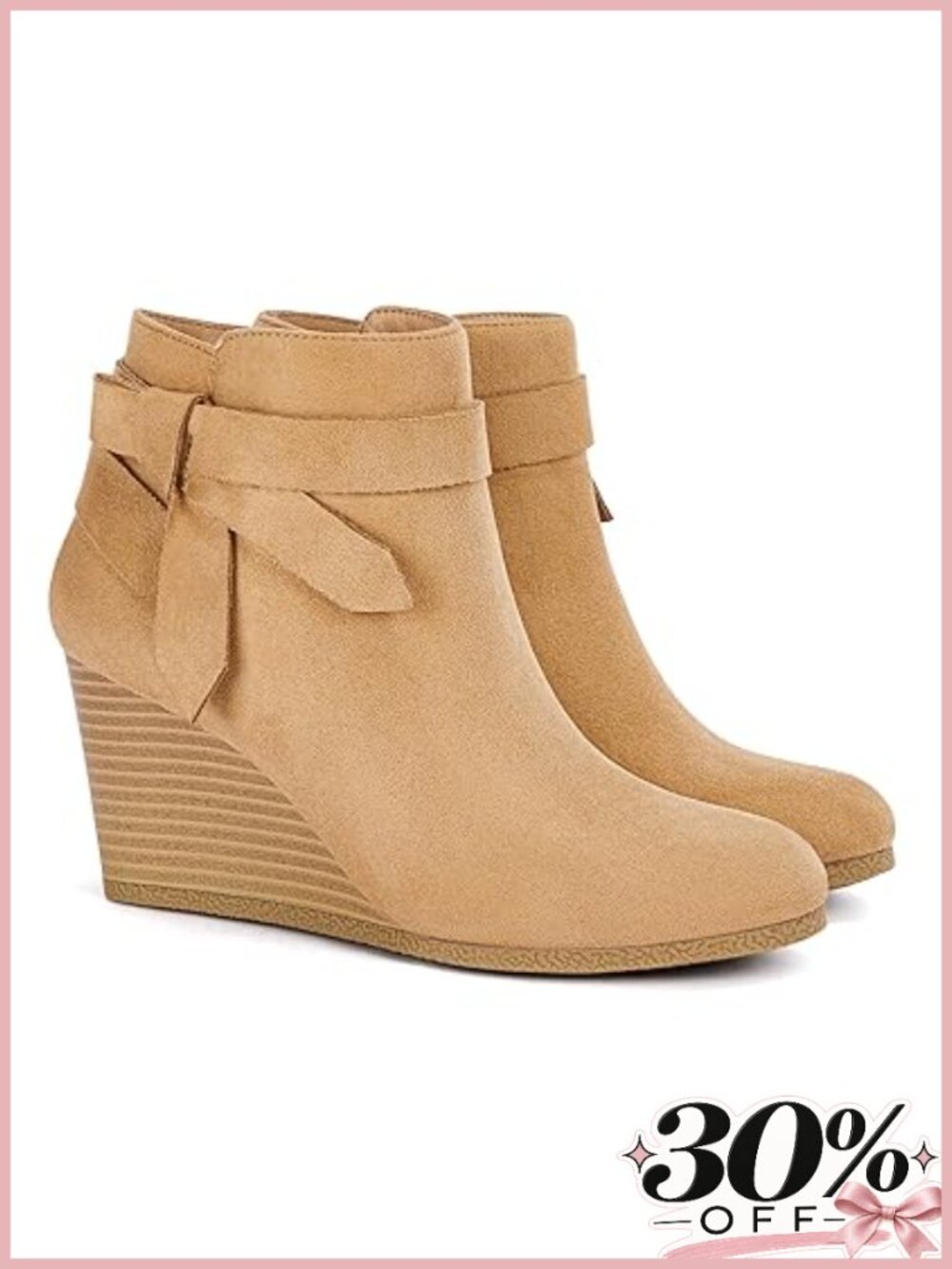 Womens Wedge Ankle Booties Faux Suede Tie Knot Stacked Heel Zipper Winter